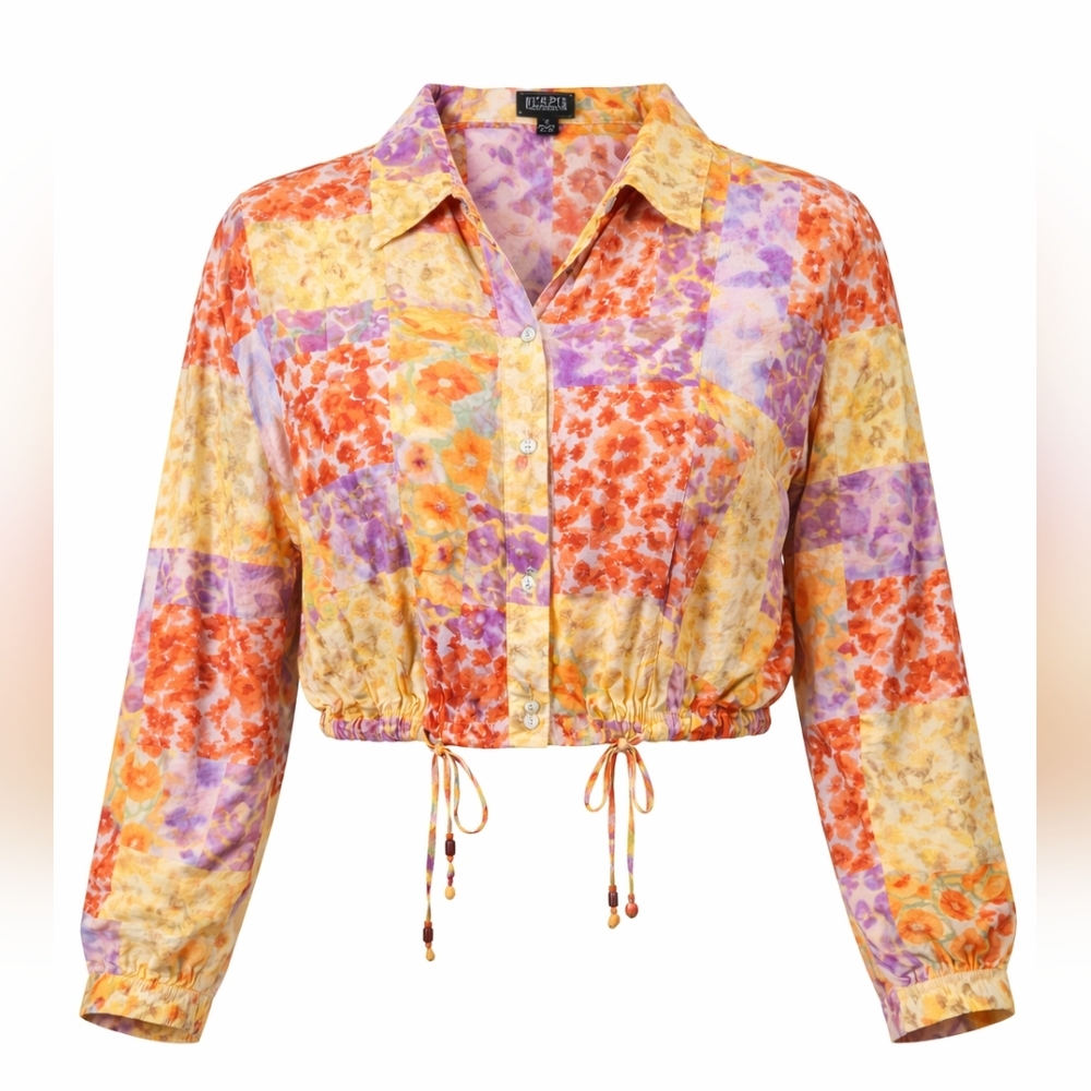 Rouge Floral Patchwork Wrap Blouse Tie-Side Orange Pink Purple | 3X Boho - Picture 2 of 4